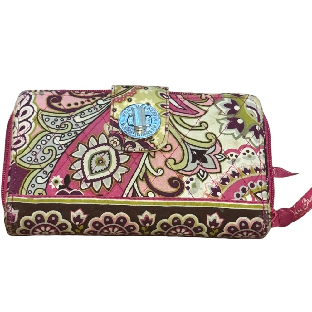 Vera‎ Bradley Wallet Billfold Pink Multi Space Paisley Turn Lock Zip Around